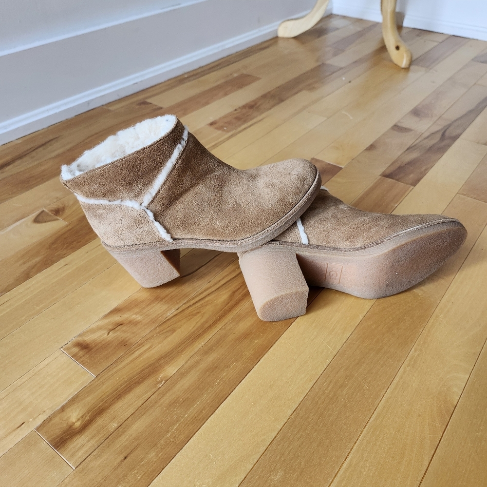 UGG Tan Suede Heeled Boots with Cream Accents